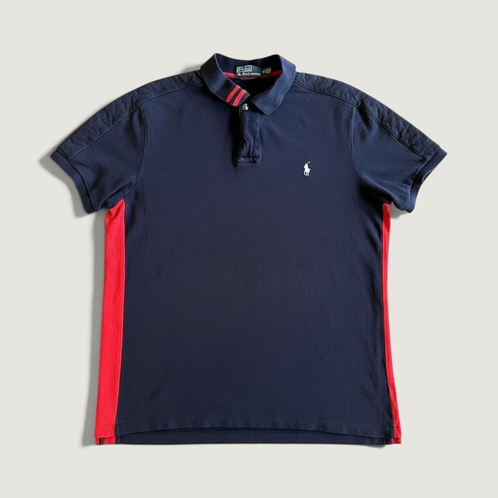 Polo Ralph Lauren Mens XL Custom Fit Navy Blue Red Stripe Zip Snap Polo Shirt
